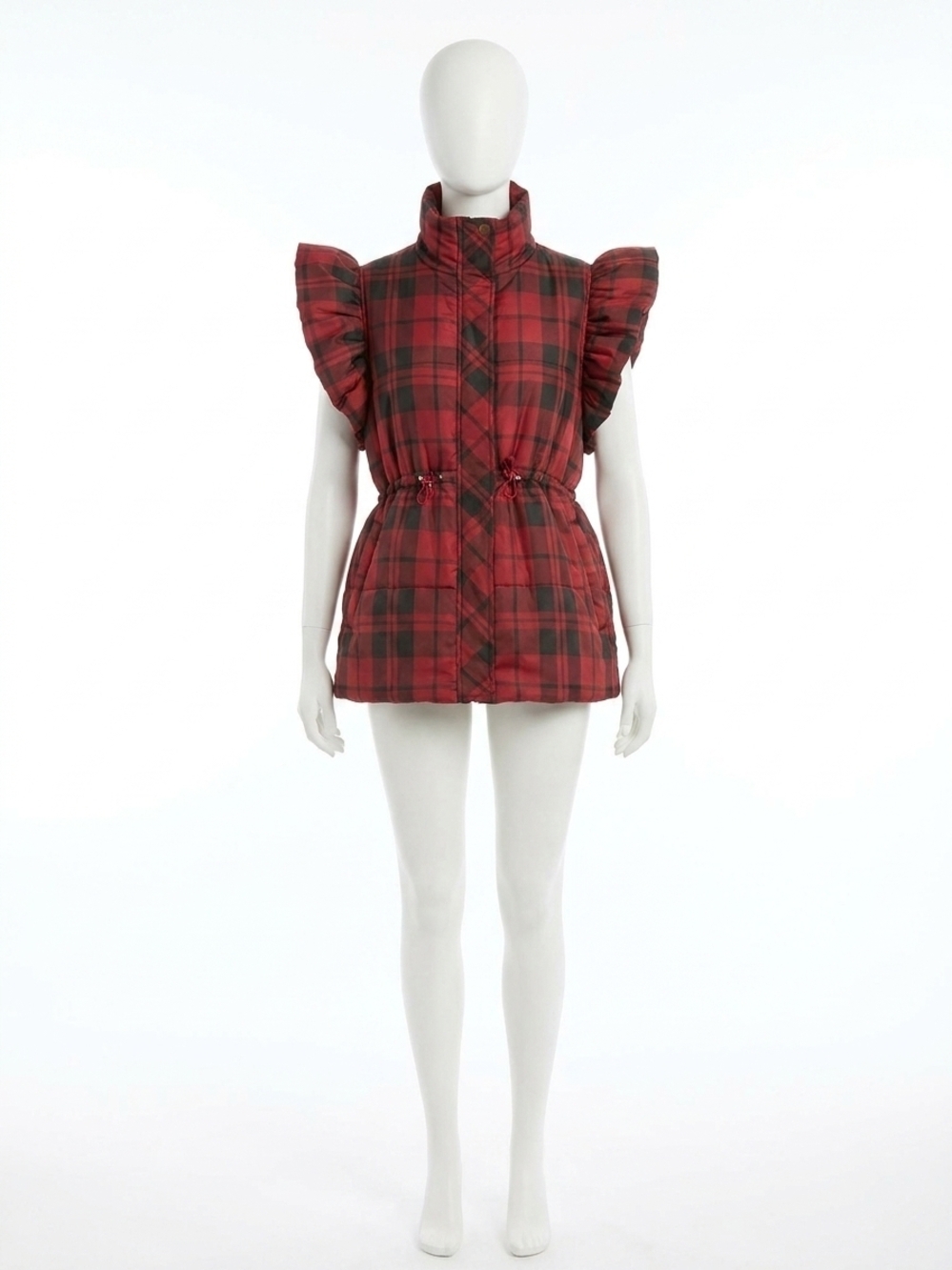 NEW ENTRO plaid pattern toggle waist puffer vest in red